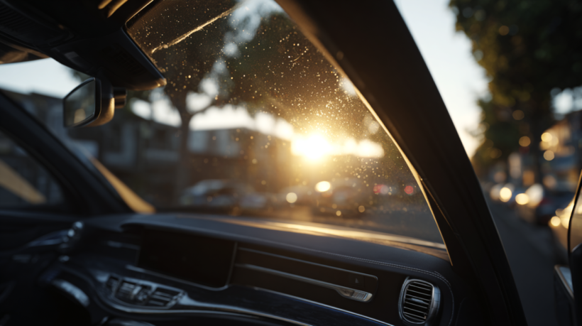 Wide shot of a car windshield showing the VIN plate area.