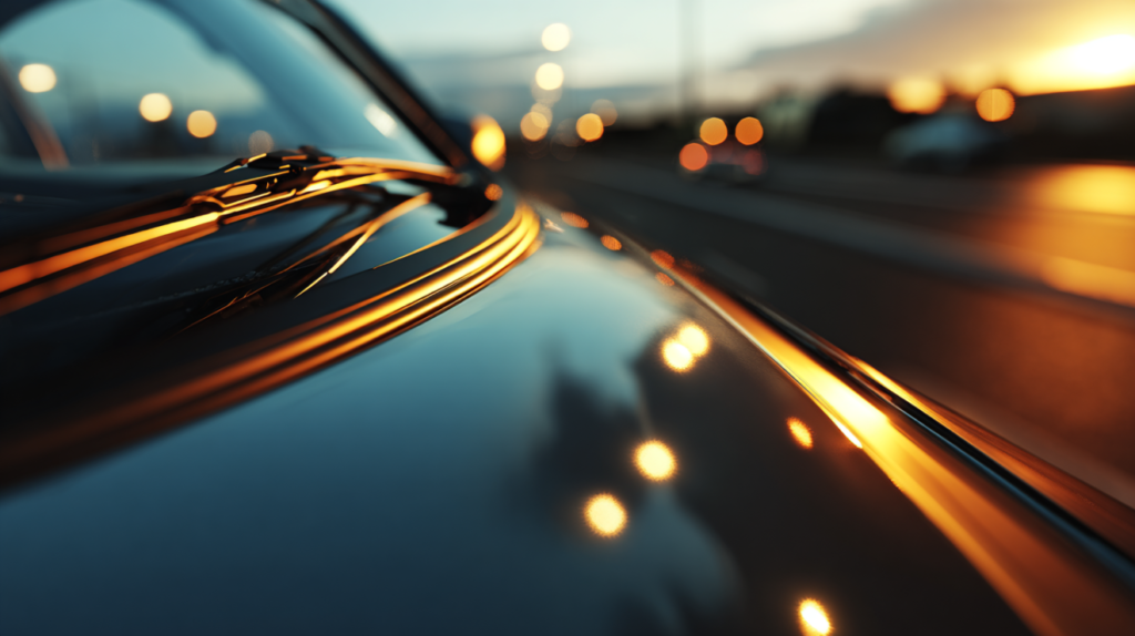 Stylized banner shot of a car windshield and VIN plate area at sunset.