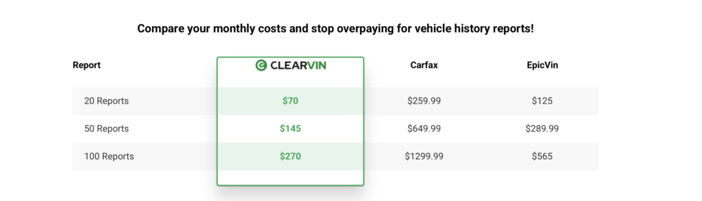 clearvin vin check pricing for business vs carfax report