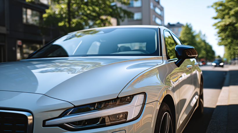 Modern passenger car viewed from the driver side highlighting common VIN placement areas without visible text or numbers