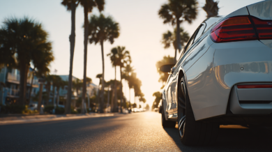 Modern car parked on a Florida coastal road with palm trees.