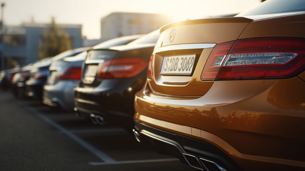 Row of cars showcasing different license plate designs.