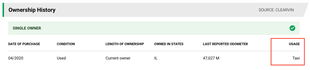 vehicle history: vehicle used as taxi 