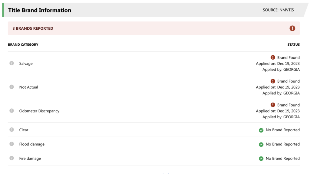 salvage vehicle title brand reported to NMVTIS