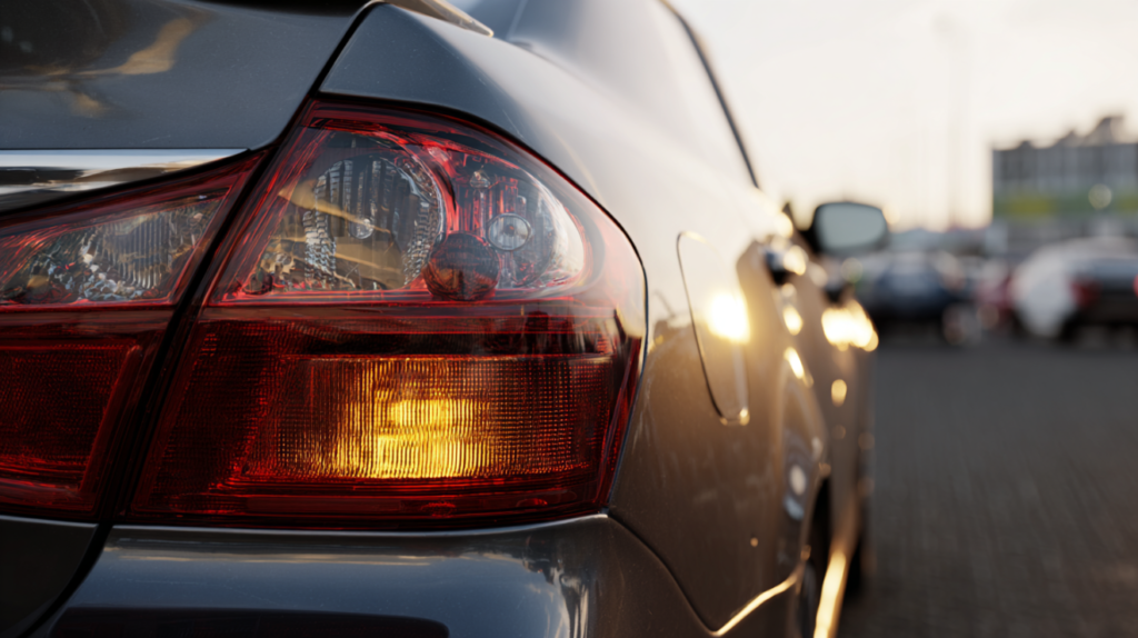 Rear view of a passenger car highlighting the license plate area used for vehicle lookups.