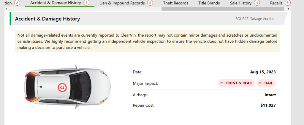 Accident History & Airbag Deployment - Example