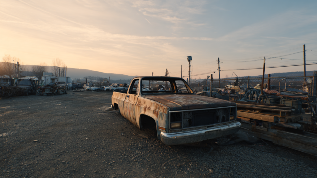 Stripped vehicle in a salvage yard representing junk and non-repairable titles.